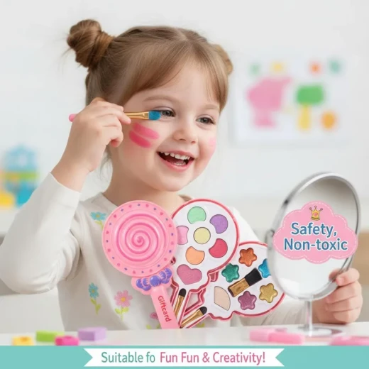 Makeup Set for Kids Girls – Lightweight Portable Pink Toy Make up Kit , Non-Toxic Plastic Set with Lipstick,  , Kids Washable Make up Kit for Girls 3+ Years Lollipop Design Three Layers (LY-002-RS) - Rs Toys - Image 3