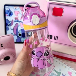 Summer Water Bottle Water Cup with Straw and Portable Handheld Stitch Character Design 500 ml BPA-free plastic, safe for children, Snap button with leak-proof lid  - Purple (S60-20-RS)