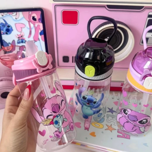 Summer Water Bottle Water Cup with Straw and Portable Handheld Stitch Character Design 500 ml BPA-free plastic, safe for children, Snap button with leak-proof lid  - Purple (S60-20-RS) - Rs Toys - Image 3