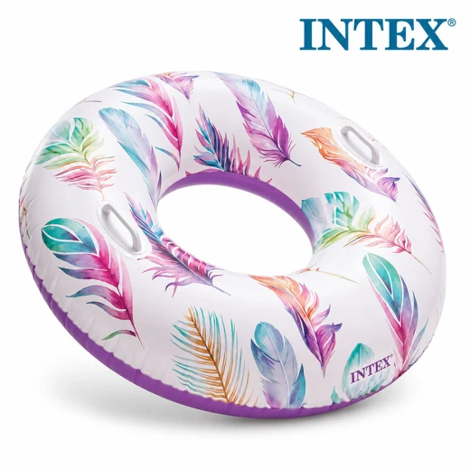 Intex Inflatable Swim Ring with Tropical Palm Tree or Colorful Feather Design and Handles – 97cm Diameter – Supports up to 80kg – Age 9+ Intex Inflatable Swim Ring with Tropical Palm Tree or Colorful Feather Design and Handles – 97cm Diameter – Supports up to 80kg – Age 9+