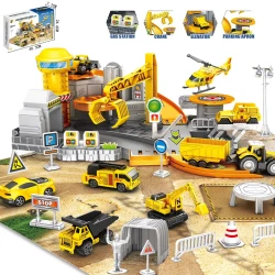 Construction Vehicles Track Set with Excavator, Dump Truck, Wheel Loader, Rotating Crane & Play Mat, Learning Educational STEM Building Toy for Kids Ages 3-12 (ASTM Certified)