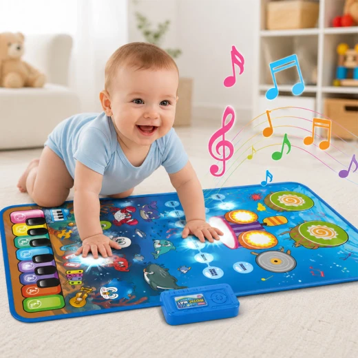 3-in-1 Interactive Educational Musical Play Mat 80 × 50 cm with Piano, Drums and Sea Creature Sounds for Children Ages 8 Months to 3 Years - Rs Toys - Image 3