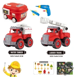 DIY Construction & Fire Truck Toy Set – 2 Vehicles with Electric Screwdriver, Road Mat & Traffic Signs, Educational Building Kit for Kids 3+