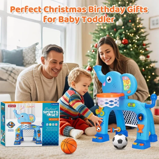 Elephant Sport Set, Toddler Basketball Hoop & Soccer Goal Activity Center Toys with Light & Music For age 1-4 Years Old  - Rs Toys - Image 2