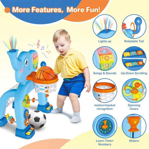 Elephant Sport Set, Toddler Basketball Hoop & Soccer Goal Activity Center Toys with Light & Music For age 1-4 Years Old  - Rs Toys - Image 3