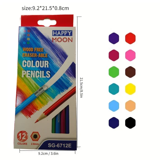HAPPY MOON Wood Free Hexagon Oily Colour Pencil Pack Of 12 Colors With Eraser (SG-6712E-RS) - Rs Toys - Image 2
