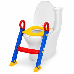 Training Seat Toddler Child Toilet Trainer with Step Stool Ladder – Foldable Potty Training Seat with Anti-Slip Step & Handrails for Kids Ages 1–4 Years