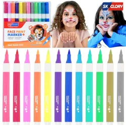 Face Painting Marker, 12 Colors Face Paint Set Washable Acrylic Paint Pens Temporary Tattoo Markers for Skin Brush Tip Art Pen for Body (SG-7630-RS)