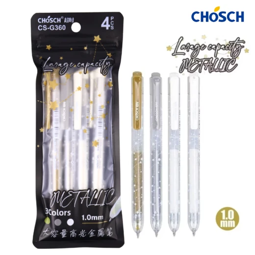 CHOSCH Roll Metallic Long Capacity Gel Pen 1.0 mm Tip 3 Colors 4 Pens , Suitable For Writing On Paper, Especially Black Paper (CS-G360-RS)