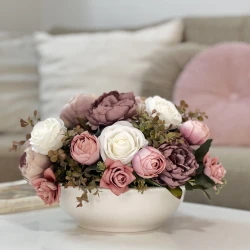 Lujain Home Realistic Artificial Flower Arrangement in Porcelain Vase, 28cm Height, 30cm Wide, Faux Floral Decor