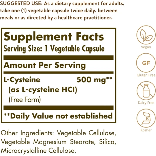 Solgar L-Cysteine 500mg – 90 Vegetable Capsules – Free Form Amino Acid for Keratin Support, Hair, Skin & Nails – Vegan, Gluten & Dairy Free - Solgar - Image 2