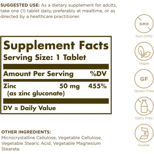 Solgar Zinc 50mg – 100 Tablets – Immune Support & Antioxidant Zinc Supplement for Healthy Skin, Vision & Taste – Vegan, Non-GMO & Gluten Free - Solgar - Image 2
