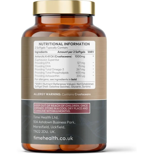 Time Health RIMFROST® Antarctic Krill Oil – Ultra Rich Omega-3 with DHA, EPA Phospholipids & Astaxanthin – Fast Absorption – No Aftertaste – 120 Softgel Capsules - Time health - Image 2