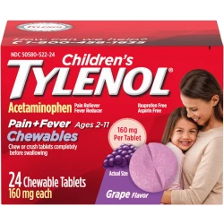 قراص تايلينول للمضغ للأطفال بتركيز 160 ملغ من الأسيتامينوفين، مسكن للألم وخافض للحرارة لعلاج أعراض البرد والإنفلونزا، والصداع، والتهاب الحلق، وآلام الأسنان، خالية من الأسبرين، بنكهة العنب، 24 قرصًا