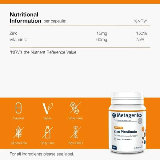 Metagenics Zinc Picolinate with Vitamin C – 90 Capsules – Immune Support Supplement for Skin, Vision & Bone Health - Metagenics - Image 2