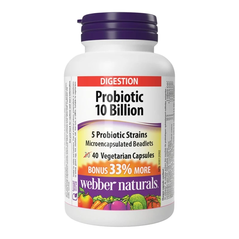 Webber Naturals Probiotic 10 Billion CFU Daily Gut Health & Digestive Support Promotes Healthy Gut Flora & Balance with Prebiotics – 40 Capsules - Webber Naturals