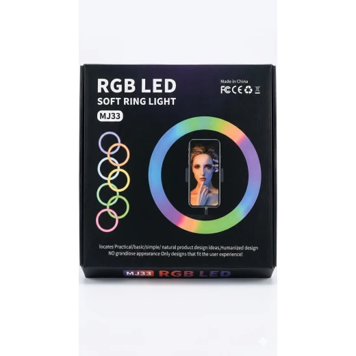 رينج لايت RGB LED موديل MJ33 مع حامل موبايل وقاعدة مكتبية – إضاءة متعددة الألوان بتحكم سهل USB مثالية للتصوير والبث المباشر والمكياج والدراسة