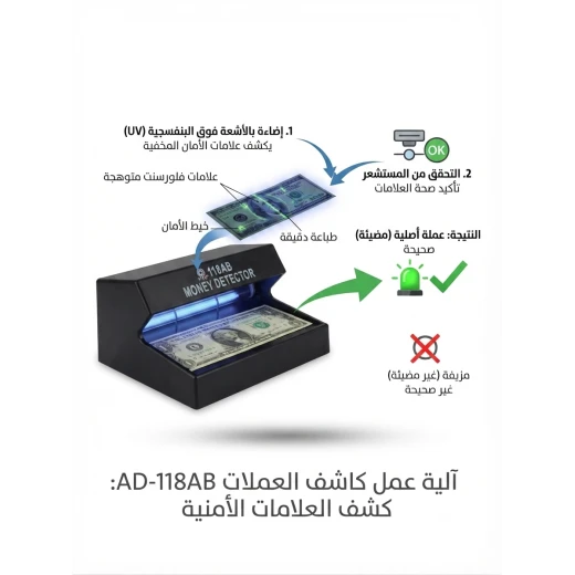 جهاز كشف العملات الورقية الإلكتروني، كاشف تزوير العملات بتقنية الفحص بالأشعة فوق البنفسجية، تصميم عملي للمحلات والمكاتب ونقاط البيع، سهل الاستخدام وسريع الفحص، مناسب للاستخدام التجاري واليوم - مايا - Image 2