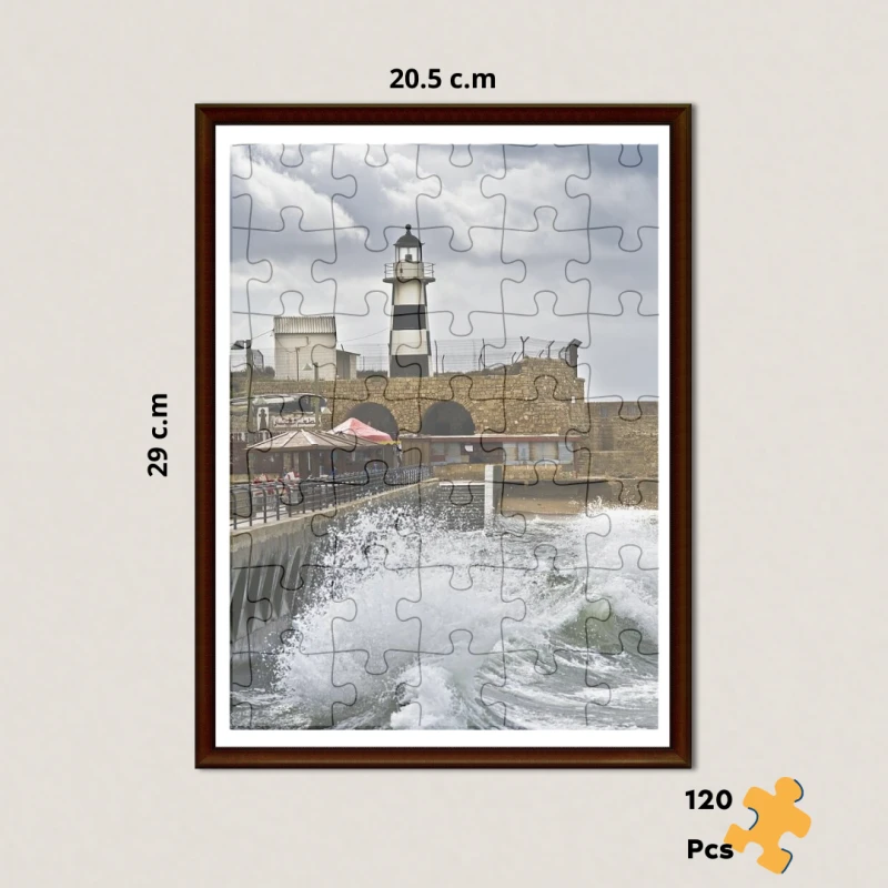 Acre Lighthouse Palestine Puzzle, 120 Pieces with Glass Frame & Bilingual Story Card Historic Coastal Landmark Jigsaw - Folklore