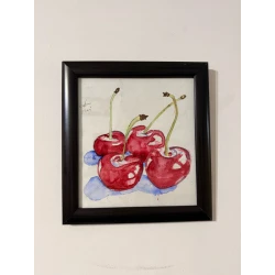 Hand-Painted Cherry Blossom Watercolor 25x23cm Floral Art on Canson Board with Glass Frame & Wooden Edges