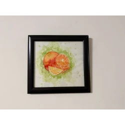 Hand-Painted Orange Watercolor 24x25cm Fruit Art on Canson Board with Glass Frame & Wooden Edges