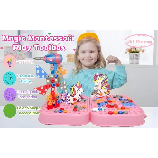 STEM Toys for 3 4 5 6 Year Old, Drill Toy for Kid,Construction Games with Toy Drill,Creative Engineering Building Kits,Kid Tool Set for Toddler Preschool,Christmas Gifts for Boy and Girl (Unicorn) - AS art - Image 4