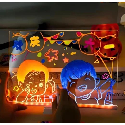 لوحة رسم فنية مضاءة بتقنية ، سطح أكريليك 20×30 سم مع 7 أقلام ملونة وحامل وممحاتين، لوحة كتابة ورسم إبداعية 