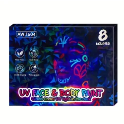 UV Face and Body Paint – 8-Color Neon Set, Skin-Safe, Non-Toxic, Quick-Dry, Waterproof – Glows Under UV and Blacklight