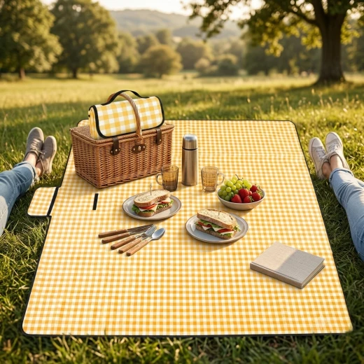 ATAD Portable Yellow Gingham Picnic & Camping Mat 1.5 x  1.5 m - Oxford Fabric Outdoor Blanket with Waterproof PVC Backing - Atad - Image 2