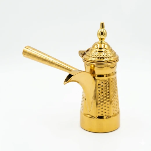 مصب قهوة ذهبي فاخر بتصميم تراثي مطرّق مع غطاء ومقبض طويل (حجم كبير) – إناء تقديم وضيافة للقهوة العربية من عتاد مصب قهوة ذهبي فاخر بتصميم تراثي مطرّق مع غطاء ومقبض طويل (حجم كبير) – إناء تقديم وضيافة للقهوة العربية من عتاد