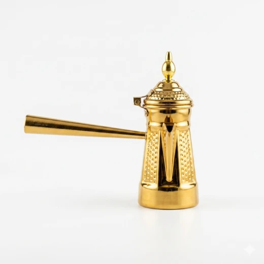 مصب قهوة ذهبي فاخر بتصميم تراثي مطرّق مع غطاء ومقبض طويل (حجم كبير) – إناء تقديم وضيافة للقهوة العربية من عتاد - عتاد - Image 4