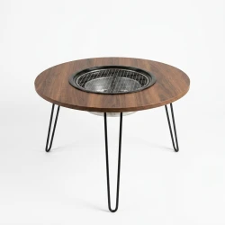 ATAD 60x45 cm Wooden Camping Table with Fire Pit & Grill – Portable Round Outdoor BBQ Table with Metal Hairpin Legs for Kashatas & Backyards