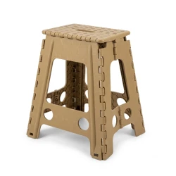 ATAD Heavy Duty Plastic Folding Stool Extra High Rise Portable Step Chair for Camping Kashatas and Home Use with Built in Carry Handle Beige