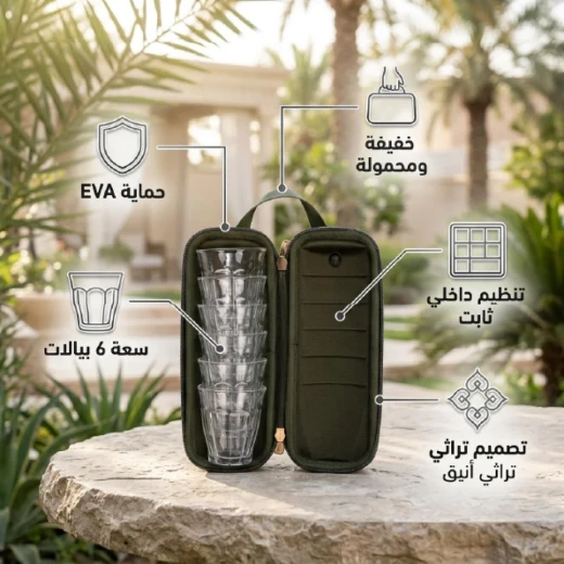 شنطة استكانات ضد الصدمات 6 حبات – تحمي ما بداخلها من البلل والخدوش، تصميم تراثي أنيق وسهلة الحمل من عتاد - عتاد - Image 6