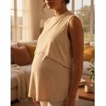 Fit Mama Breastfeeding Shirt - Biege, Size Large, Soft, Stretchy, Discreet Nursing Acess - Fit mama
