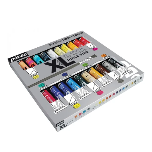 Pebeo XL Fine Oil Colour Set 20 x 20ml Tubes + Brush Glossy-Satin Finish Professional Colours with High Hold Ideal for Blending and Graduation at a Glance Pebeo XL Fine Oil Colour Set 20 x 20ml Tubes + Brush Glossy-Satin Finish Professional Colours with High Hold Ideal for Blending and Graduation at a Glance