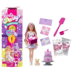 Mattel Barbie Party Unboxed Doll Birthday Series with 10 Surprises Color Change & Cake Decorating Activity