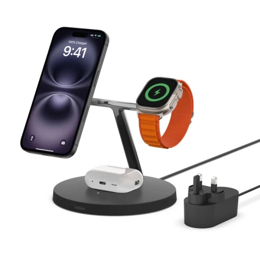 شاحن بيلكن اللاسلكي 3 في 1 مع MagSafe لأجهزة iPhone و Apple Watch و AirPods شاحن بيلكن اللاسلكي 3 في 1 مع MagSafe لأجهزة iPhone و Apple Watch و AirPods