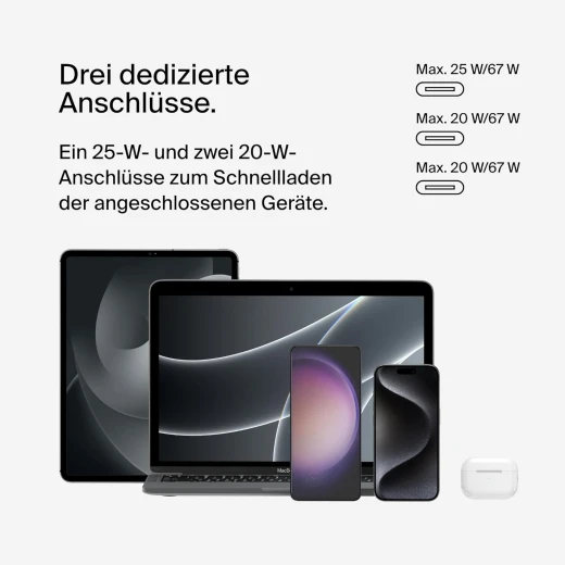 شاحن Belkin BoostCharge USB-C بقوة 67 واط بثلاثة منافذ لأجهزة iPhone 17 و MacBook Pro و Galaxy - أبيض - بيلكين - Image 2