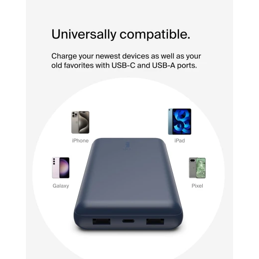 باور بانك بيلكين بوست تشارج بسعة 20,000 مللي أمبير، بثلاثة منافذ – USB-C بقوة 15 واط، ومنفذين USB-A، مع كابل USB-A إلى USB-C بطول 15 سم، أزرق - بيلكين - Image 6