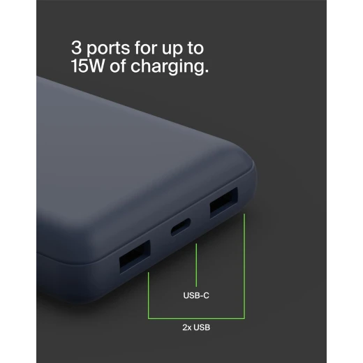 باور بانك بيلكين بوست تشارج بسعة 20,000 مللي أمبير، بثلاثة منافذ – USB-C بقوة 15 واط، ومنفذين USB-A، مع كابل USB-A إلى USB-C بطول 15 سم، أزرق - بيلكين - Image 9