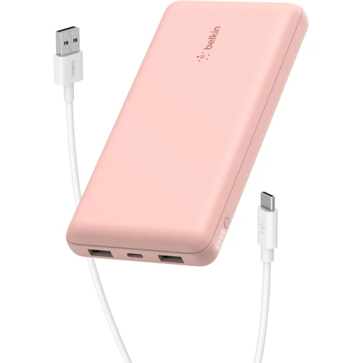 باور بانك بيلكين بوست تشارج بسعة 20,000 مللي أمبير، بثلاثة منافذ – USB-C بقوة 15 واط، ومنفذين USB-A، مع كابل USB-A إلى USB-C بطول 15 سم، وردي