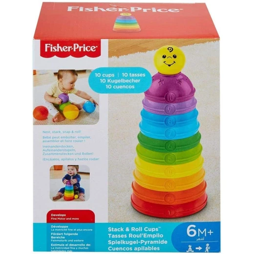 Fisher-Price Stack & Roll Cups, 10 Colorful Numbered Stacking & Nesting Cups with Rattle Ball, Baby Developmental Toy, Ages 6+ Months - Image 2