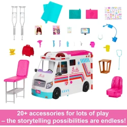 Barbie Ambulance and Hospital Playset with Lights and Sounds, Transforming Clinic, 20+ Accessories, Ages 3+, HKT79