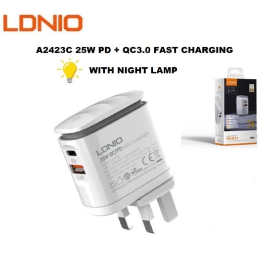 شاحن LDNIO A2423C سريع 25 واط PD و QC 3.0 مع مصباح ليلي قابس المملكة المتحدة - إل دي إن آي أو - Image 4