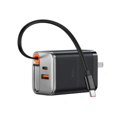 Wiwu 67W GaN Fast Charger with Retractable Type-C Cable, Dual USB-C & USB-A Ports, PD Multi-Protocol Fast Charging for Phone, Tablet & Laptop