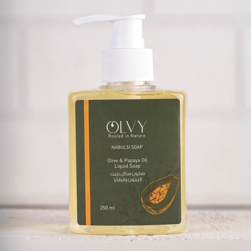 OLVY Olive & Papaya Oil Liquid Soap 250 ML – Natural Moisturizing Hand & Body Wash with Gentle Deep Cleansing, Fruity Papaya Scent, Helps Smooth and Revitalize Skin, Leaving It Soft, Fresh, and Hydrated for Daily Use - OLVY