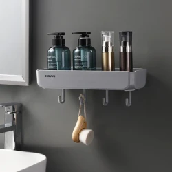 Ousuwo SN-013 Plastic Bathroom Wall Shelf with Hooks, Gray, Personal Item Organizer Holder, Suitable for Homes and Apartments, for Storing Soap, Shampoo, Towels and Daily Items, Durable and Modern Design