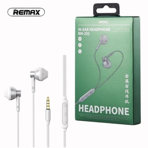 سماعات أذن سلكية REMAX RM-201 باللون الفضي، سماعات داخل الأذن بصوت واضح، تصميم خفيف ومريح، اتصال سلكي ثابت، مناسبة للموسيقى والمكالمات والاستخدام اليومي سماعات أذن سلكية REMAX RM-201 باللون الفضي، سماعات داخل الأذن بصوت واضح، تصميم خفيف ومريح، اتصال سلكي ثابت، مناسبة للموسيقى والمكالمات والاستخدام اليومي